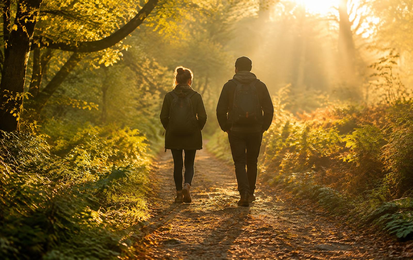 Two people walking on a sunlit woodland path